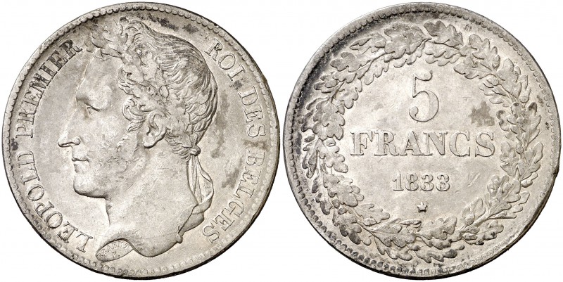 1833. Bélgica. Leopoldo I. 5 francos. (Kr. 3.1). 24,84 g. Golpecitos. Escasa. MB...