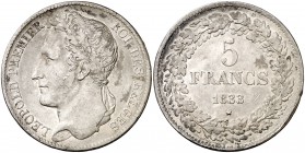1833. Bélgica. Leopoldo I. 5 francos. (Kr. 3.1). 24,84 g. Golpecitos. Escasa. MBC-/MBC.