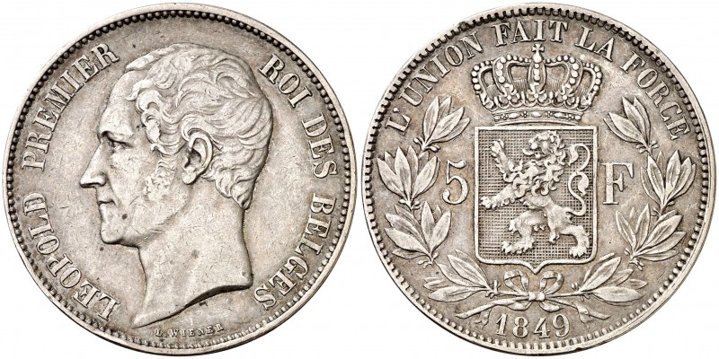 1849. Bélgica. Leopoldo I. 5 francos. (Kr. 17). 24,82 g. AG. MBC/MBC+.