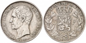 1849. Bélgica. Leopoldo I. 5 francos. (Kr. 17). 24,82 g. AG. MBC/MBC+.