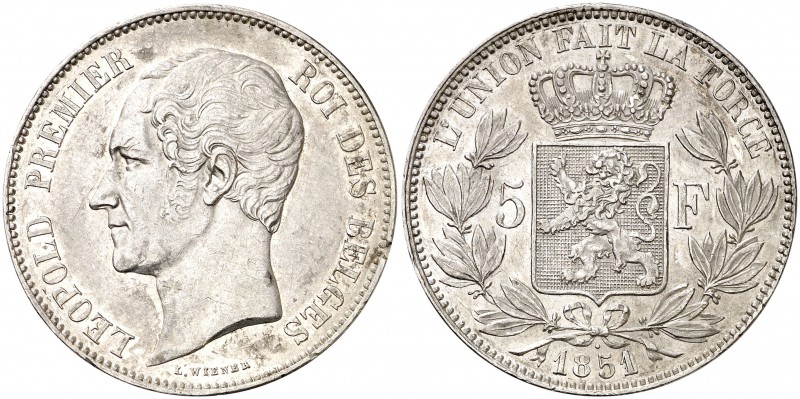 1851. Bélgica. Leopoldo I. 5 francos. (Kr. 17). 24,96 g. Leves golpecitos. Parte...