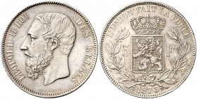 1873. Bélgica. Leopoldo II. 5 francos. (Kr. 24). 24,92 g. AG. Golpecitos. MBC+.