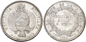 1864. Bolivia. Potosí. FP. 1 boliviano. (Kr. 152.1). 24,93 g. AG. MBC+.