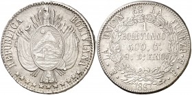 1867. Bolivia. Potosí. FE. 1 boliviano. (Kr. 152.2). 24,68 g. AG. MBC+.