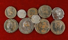 Lote formado por 5 bronces romanos, 3 ases ibéricos y 2 denarios (uno de Arecorata). Total 10 monedas. A examinar. BC/MBC.