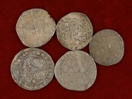 Reyes Católicos. Lote de 5 monedas de 1 real. Burgos y Granada (cuatro). A examinar. MBC-/MBC.
