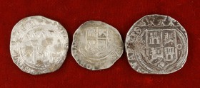 Juana y Carlos. México. 1, 2 y 4 reales. Lote de 3 monedas. A examinar. BC/MBC-.