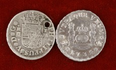 Felipe V. Lote de 2 monedas: Madrid 1744 (con perforación) y México 1734 (con oxidaciones marinas). A examinar. BC/BC+.