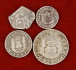 Felipe V. 1/2, 1 (dos) y 2 reales. Lote de 4 monedas tipo columnario. A examinar. BC-/BC+.