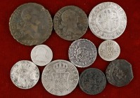 Carlos III. Lote de 10 monedas, seis en plata: (1/2 (dos), 1 (dos) y 2 reales (dos)), todas diferentes. A examinar. RC/BC.