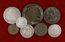 Carlos IV. Lote de 8 monedas, cuatro en plata (1/2, 1 (dos) y 2 reales), todas diferentes. A examinar. BC-/BC+.