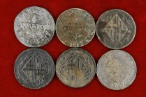 1808, 1809 (dos), 1811, 1812 y 1814. Catalunya Napoleónica. Barcelona. 4 cuartos. Lote de 6 monedas fundidas. A examinar. BC/MBC.