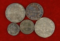 Catalunya Napoleónica. Barcelona. 1/2, 1, 2 y 4 cuartos (dos). Lote de 5 monedas. A examinar. BC-/BC+.