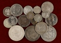 Isabel II. 1 (tres), 2 (tres), 4 (tres), 10 reales, 10, 20, 40 céntimos, 1 escudo, 20 (dos) y 50 centavos. Lote de 17 monedas en plata, todas diferent...