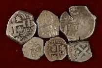 1/2, 1 (tres) y 2 reales (dos). Lote de 6 monedas macuquinas, desde Felipe V a Carlos III, todas diferentes. A examinar. BC/MBC-.