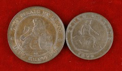 1870. Gobierno Provisional. Barcelona. OM. 5 y 10 céntimos. Lote de 2 monedas. A examinar. MBC-/MBC+.