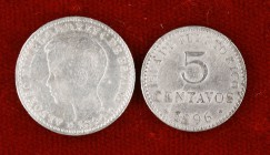 1896. Alfonso XIII. Puerto Rico. PGV. 5 y 10 centavos. Lote de 2 monedas. A examinar. BC+/MBC-.