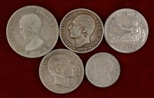 1869-1896. 50 céntimos, 1 (tres) y 2 pesetas. Lote de 5 monedas. A examinar. BC/MBC.