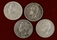 1871 a 1875. Amadeo I. 5 pesetas. Lote de 4 monedas diferentes. A examinar. BC/BC+.