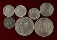 Alfonso XII y XIII. 1 (cuatro), 2 y 5 pesetas (dos). Lote de 7 monedas. A examinar. BC-/BC+.