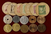 1933 a 1938. II República. 5, 25 (dos), 50 céntimos (cuatro), 1 peseta (tres) y 7 sellos-moneda. Lote de 10 monedas: 5, 25 (dos), 50 céntimos (cuatro)...