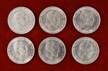 1966*67 a 69, 71 a 73. Estado Español. 50 céntimos. Lote de 6 monedas. A examinar. EBC/Proof.