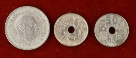 Estado Español. Lote de 3 monedas: 50 céntimos de 1949*1952 y *1956 y 25 pesetas 1957*61. MBC/EBC.