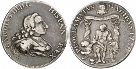 1759. Carlos III. Cádiz. Medalla de proclamación. Módulo 4 reales. (Ha. 9) (V. 672 var) (V.Q. 12997). 10,49 g. Fundida. MBC-.