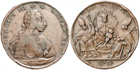 1759. Carlos III. Sevilla. Medalla de proclamación. (Ha. 40). 17,43 g. 35 mm. Bronce. Firmado: VFF.Leves golpes. MBC-.