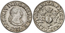 1789. Carlos IV. Granada. Medalla de proclamación. Módulo 2 reales. (Ha. 43) (V. 81) (V.Q. 13102). 4,55 g. Fundida. Rayitas. Rara. (MBC+).