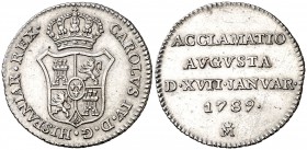 1789. Carlos IV. Madrid. Medalla de proclamación. Módulo 1 real. (Ha. 65) (V. 88) (V.Q. 13120). 2,87 g. Leves rayitas. EBC.