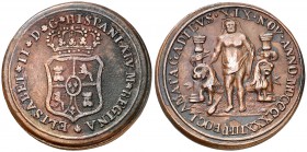 1833. Isabel II. Cádiz. Medalla de proclamación. (Ha. 8) (V. 742) (V.Q. 13358 var. por metal). 5,64 g. 24 mm. Bronce. Manchitas. MBC.