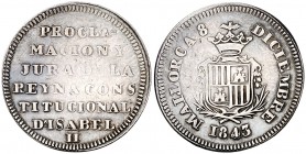 1843. Isabel II. Mallorca. Medalla de proclamación. Módulo 1 real. (Ha. 11) (Cru.Medalles 265, mismo ejemplar). 3,73 g. Pátina. MBC+.