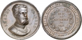 1871. Amadeo I. Medalla de proclamación. (Ha. 1) (V. 832) (V.Q. 13432). 57 g. 47 mm. Bronce. Firmado: J. García. Golpecitos. Rara. (MBC).