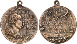 1906. Josep Anselm Clavé. Barcelona. Medalla. (Cru.Medalles 1008). 22,90 g. 37 mm. Cobre. Con anilla. Firmado: J. Solà/F. Madurell. MBC+.