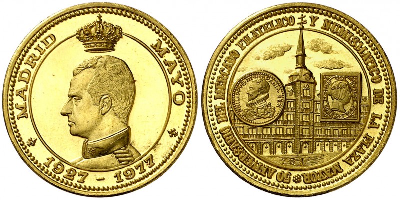 1977. Madrid. 24,89 g. Oro. 50º Aniversario del Mercado Filatélico y Numismático...