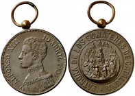 1904. Alfonso XIII. La Vigen de Montserrat, patrona de los somatenes de Cataluña. (Cru.Medalles 985) (P.G. 830). 13,38 g. 35 mm. Con anilla. Grabador:...