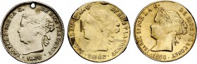 1862, 1866 y 1868. Isabel II. (Basso 375, var. de fecha). Conjunto de 3 jetones imitando la moneda de 1 peso de Isabel II, Basso (nº 375) publica una ...
