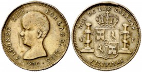 1890. Alfonso XIII. Manila. (Basso 415b). 3 g. 22 mm. Latón. Jetón imitando unos 4 pesos de fecha inexistente, con la imagen del "pelón" en anverso. R...