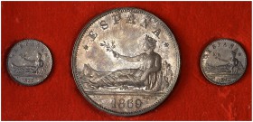 1969. I Centenario-Soberanía Nacional. 20 céntimos (dos) y 5 pesetas. Estuche con 3 medallas en plata reproduciendo los 20 céntimos de 1869 y 1870 y l...