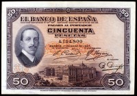 1927. 50 pesetas. (Ed. B110). 17 de mayo, Alfonso XIII. Doblez pero ejemplar con apresto. Escaso. MBC+.
