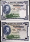 1925. 100 pesetas. (Ed. C1). 1 de julio, Felipe II. 2 billetes, series E y F. S/C-.