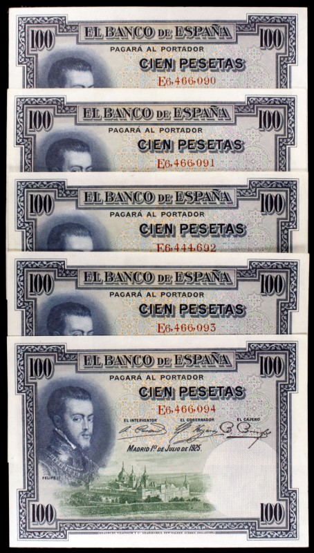 1925. 100 pesetas. (Ed. C1). 1 de julio, Felipe II. Lote de 5 billetes correlati...