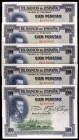 1925. 100 pesetas. (Ed. C1). 1 de julio, Felipe II. Lote de 5 billetes correlativos, serie E. Leve doblez. EBC-/EBC+.