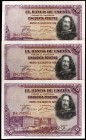 1928. 50 pesetas. (Ed. C5). 15 de agosto, Velázquez. Trío correlativo, serie B. S/C-.