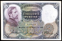 1931. 50 pesetas. (Ed. C10). 25 de abril, Rosales. Nº de serie curioso, 9,996,999. MBC+.