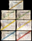 1936. Gijón. 5, 10 (dos), 25, 50 (dos) y 100 pesetas. (Ed. C31 a C35). 7 billetes, una serie completa. BC/BC+.