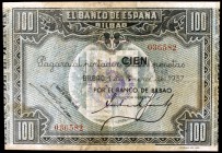 1937. 100 pesetas. 1 de enero. Antefirma del Banco de Bilbao. Con el tampón del Departamento de Hacienda del Gobierno de Euzkadi en Cataluña. Reparado...
