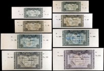 1937. Bilbao. 5 (dos), 10, 25, 50, 100, 500 y 1000 pesetas. 1 de enero. 8 billetes con matrices. Algunas manchitas. EBC/S/C-.