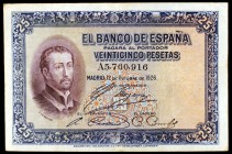 1926. 25 pesetas. (Ed. D3). 12 de octubre. San Francisco Javier. Resello en seco del "Estado Español-Burgos". Escaso. MBC-.